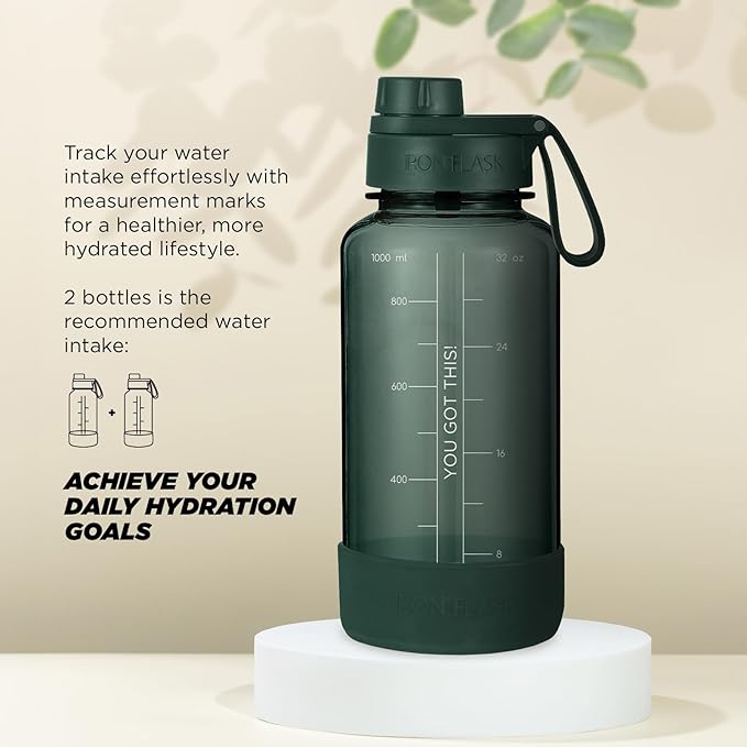 IRON °FLASK Clear Tritan Trekker Water Bottle with Chug Lid & Rubber Boot - Leak Proof & Lightweight for Gym, Hiking, Sports - Dishwasher Safe, BPA Free Plastic - Dark Pine, 32 Oz