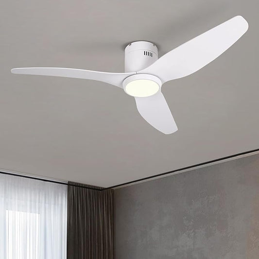 White Ceiling Fan with Light Remote 52in 6Speed Silent Reversible Motor 3CCT Dimmable LED Flush Mount Low Profile Fan Timer Memory Function Modern Plastic Blade Vacation Mode Indoor Outdoor