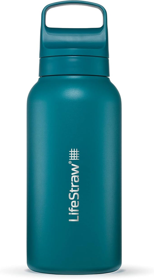 LifeStraw Go Series – Insulated Stainless Steel Water Filter Bottle for Travel and Everyday use removes Bacteria, parasites and microplastics, Improves Taste, 1L Laguna Teal