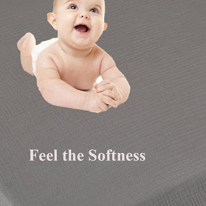 Muslin Pack and Play Sheets Fitted Compatible with 4moms Breeze Plus Playard and Other 30x43 Inch Large Playpen Mattress Snuggly Soft 100% Cotton Grey & Navy