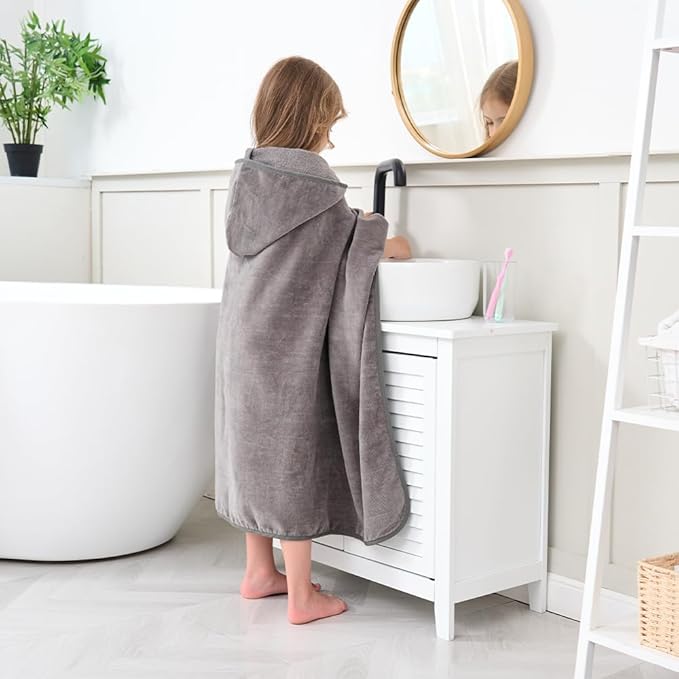 Hiturbo Kids Hooded Bath Towel: 100% Cotton Soft Thick Absorbent Towels Wrap - 50"x30" Shower Beach Pool Wearable Blanket for 3-12 Yrs Boys Girls - Gray