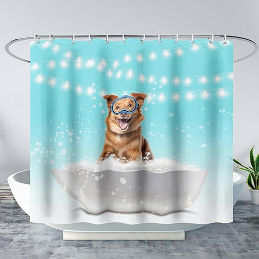 AILONEN 3D Bathtub Dog Shower Curtain for Kids 72" W*96" H Inch,Kawaii Diving Dog Sitting in a Bathtub Shower Curtain,12 Pack Hooks Polyester Waterproof Fabric Decor for Bathroom Bathtub Panels