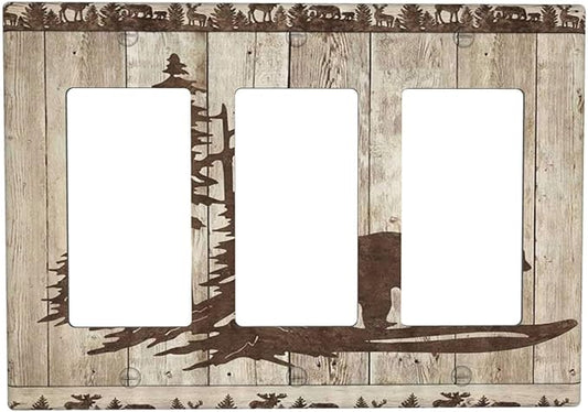 Rustic Wood Bear Forest 3 Gang Rocker Light Switch Plate Vintage Antique Cabin Triple Decora Outlet Wall Plate Cover Faceplate Decorative Switchcovers GFCI for Farmhouse Bathroom Bedroom Decorate