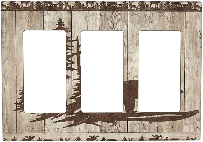 Rustic Wood Bear Forest 3 Gang Rocker Light Switch Plate Vintage Antique Cabin Triple Decora Outlet Wall Plate Cover Faceplate Decorative Switchcovers GFCI for Farmhouse Bathroom Bedroom Decorate