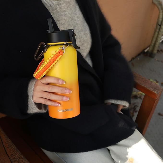 32 oz Insulated Water Bottle with Paracord Handles & Strap, 2 Lids(Straw Lid&Spout Lid), Stainless Steel Reusable Wide Mouth Metal Water Bottle With Straw, Double Walled, Thermo Mug(Mango Yellow)