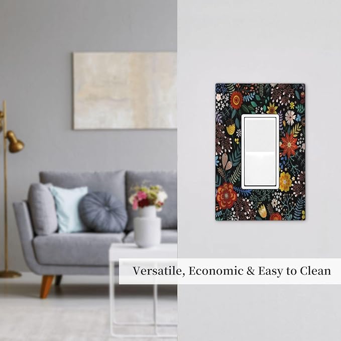 Colorful Flower Boho Floral Rustic Dark Leaves 1 Gang Rocker Light Switch Covers Single Decora Outlet Wall Plate Decorative Switchplate Faceplate GFCI for Farmhouse Country Bedroom Kitchen Decor