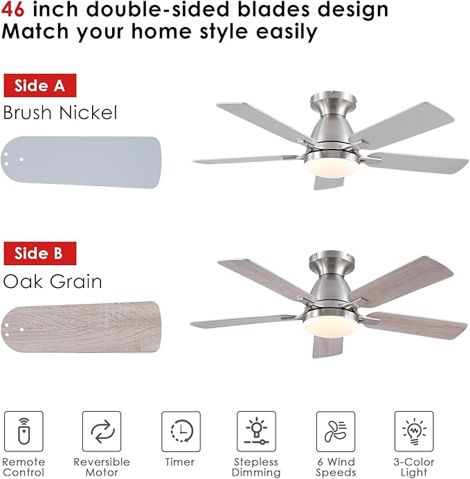 Ceiling Fans with Lights and Remote/APP Control,46" Flush Mount Ceiling Fan Dimmable DC Motor,Low Profile Ceiling Fan for Bedroom,Living Room,Brushed Nickel