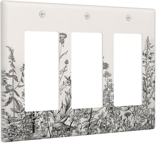 Vintage Grey Floral Herbs Wild Flowers Botanical 3 Gang Rocker Boho Light Switch Covers Decorative Country Unique Triple Outlet Wall Plate Cover Faceplate Decorative Switchplate GFCI