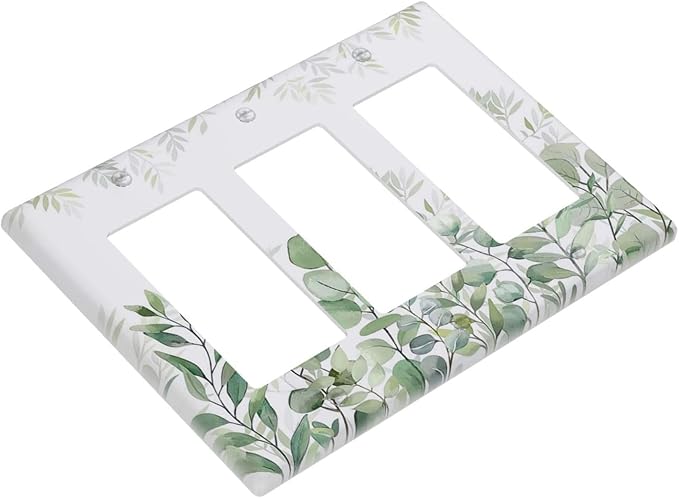 Green Eucalyptus Rustic Botanical Plant Leaves 3 Gang Rocker Boho Light Switch Covers Decorative Triple Outlet Wall Plate Cover Faceplate Decorative Switchplate GFCI for Country Bedroom Decor