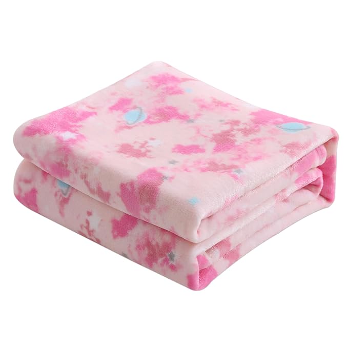 DaysU Plush Flannel Baby Blanket Super-Soft Lightweight, Printed Fleece Baby Blanket for Girls, Portable Bed Throws for Baby Crib and Toddler Bed, Pink Space & Star, 30”x40”