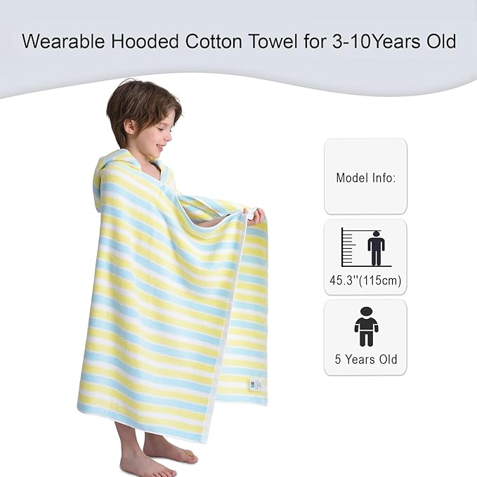 VOOVA & MOVAS Kids Beach Towels with Hood Lightweight - 100% Cotton (3-10Years) - Quick Dry Absorbent Towel for Pool | Swim | Beach | Bath, Boys Wrap Towel with Hood, Yellow Blue Stripe