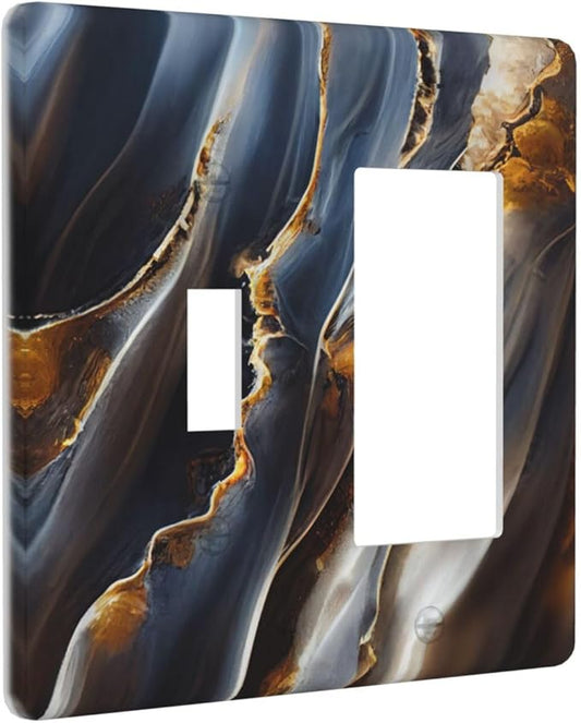 Gradient Abstract Ripple Blue Gold Marble Printed 2 Gang Single Toggle Rocker Combination Light Switch Covers Wall Plate Cover Electrical Faceplate Decorative Switchplate for Kitchen Bathroom Decor