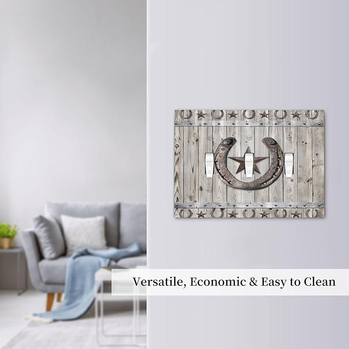 Rustic Western Wood Barn Door Horseshoe Iron Star 3 Gang Light Switch Covers Triple Toggle Wall Plate Decorative Switchplate Electrical Faceplate for Farmhouse Country Bedroom Decor