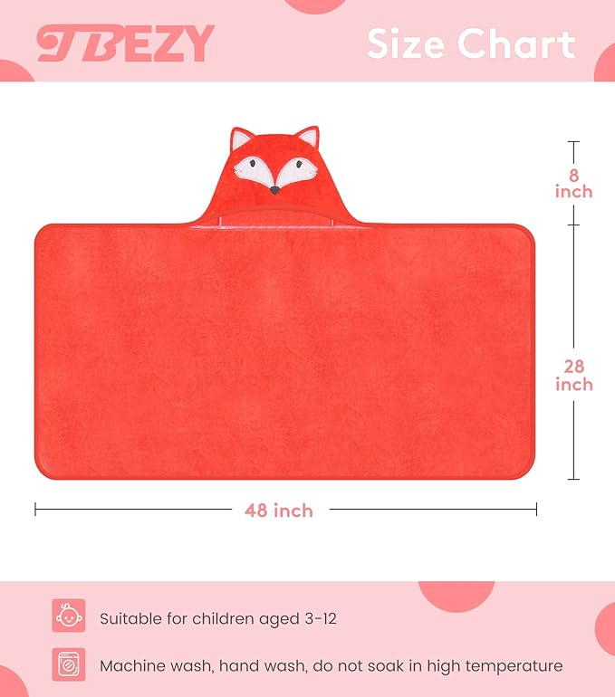 Hooded Towel for Kids 100% Cotton Ultra Soft with Unique Animal Design Large for Infants 3-10 Years (Fox)