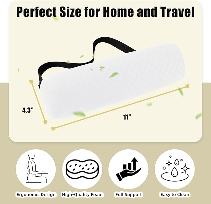 Lumbar Roll Pillow for Lower Back, Lumbar Support Foam Roll Cushion with Pillowcase and Upgraded Strap for Office, Chair, Car, Seat Pain Relief & Improving Posture (White, Short-11 * 4.3'')