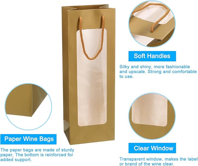uxcell Wine Bags, 20pcs 4.92"x3.35"x14.2" Wine Gift Bags with Rope Handles, Paper Wine Tote Bag with Clear Window for Wedding Birthday Christmas Party Supplies, Gold