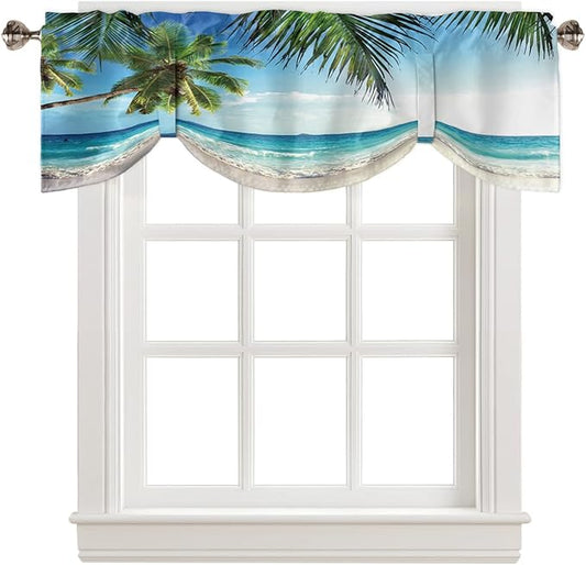 Palms Tree Ocean Blackout Tie Up Valance Curtains for Kitchen Windows Tropical Sea Window Toppers Balloon Shades for Living Room/Bathroom/Bedroom,1 Panel,42" X 12" Beach Theme