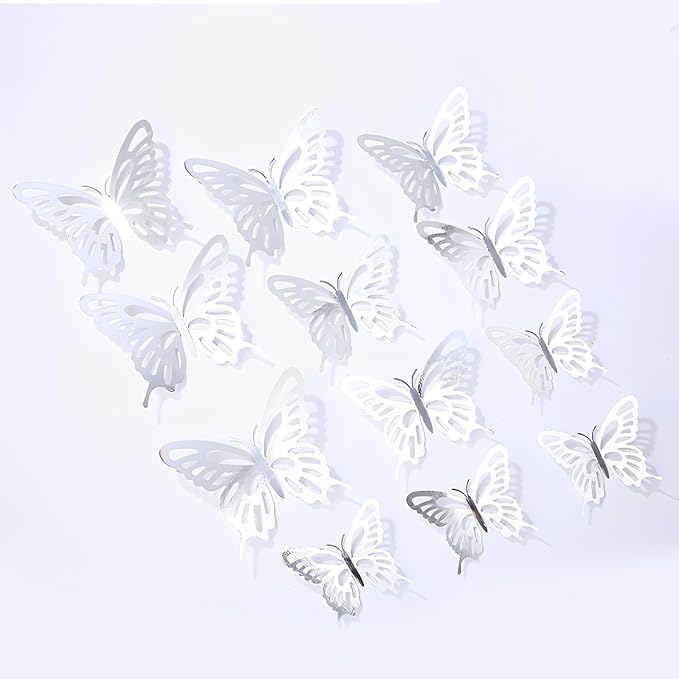 72Pcs 3D Butterfly Wall Decor 3 Sizes 3 Styles, Butterfly Decorations Party Birthday Cake Decoration, Removable Butterfly Wall Stickers for Kids Nursery Wedding Bedroom Room Decor(Silver)