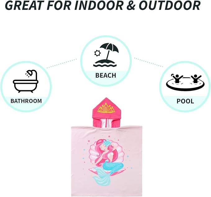 NovForth Kids Beach Towel for Boys Girls, Pink Mermaid Hooded Bath Towel Wrap, Toddler Pool Towel with Hood