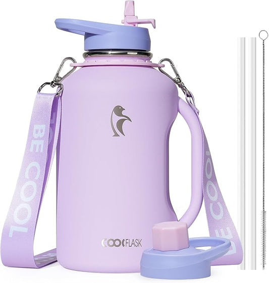 Half Gallon Water Bottle with Straw, Coolflask 64 oz Insulated Stainless Steel Water Jug With Handle Metal Double-Walled Vacuum Large Flask With Strap Leakproof, Keep Cold 48 Hrs Hot 24hrs, Lavender
