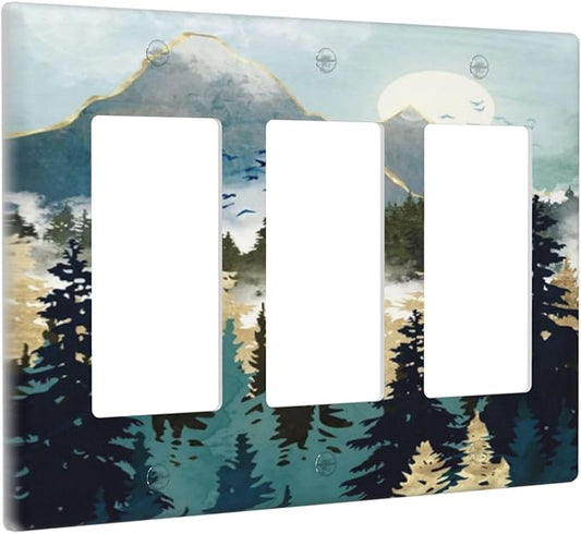 Boho Mountain Forest Abstract Sunset Sunrise Sun 3 Gang Rocker Light Switch Covers Triple Outlet Wall Plate Decorative Switchplate Cover Faceplate GFCI for Country Bathroom Bedroom Decor
