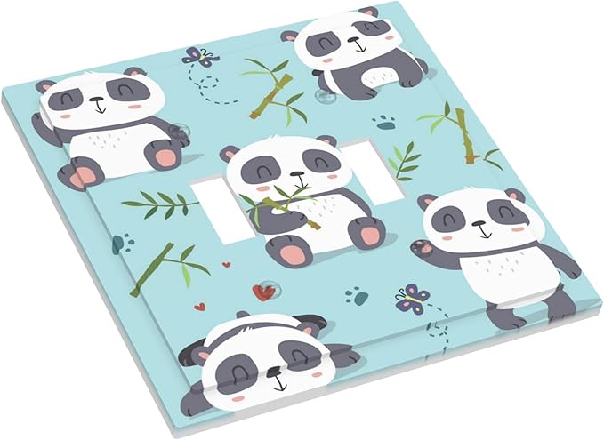 Cartoon Cute Panda Double Toggle Light Switch Covers 2 Gang Wall Plate Dual Decorative Switchplate Electrical Faceplate for Bathroom Country Kitchen Bedroom Decor, 4.9" x 5"