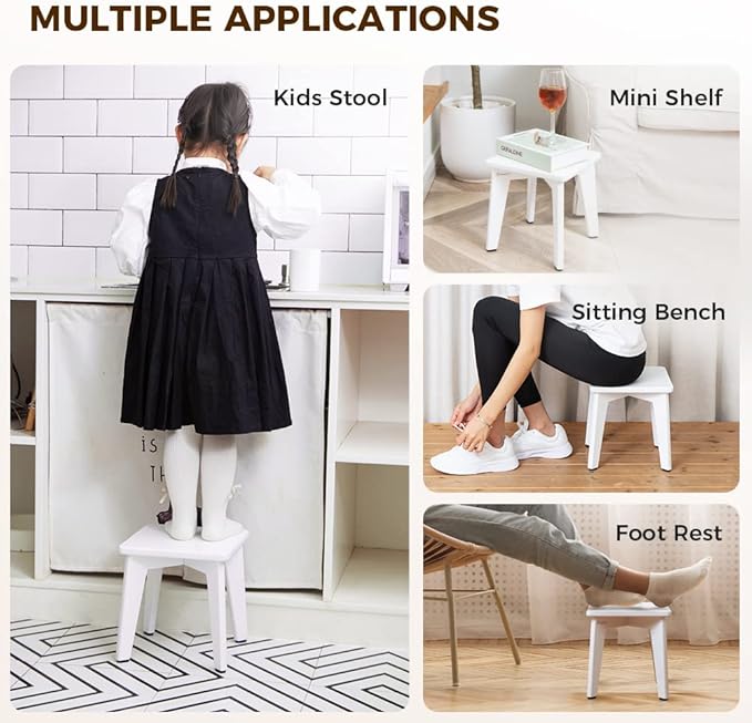 StrongTek Bamboo Step Stool for Kids and Adults, Eco-Friendly, Sturdy and Versatile Short Foot Stool for Bathroom, Kitchen, Bedroom, Compact 10-inch Small Wood Stool, Plant Stand (White)