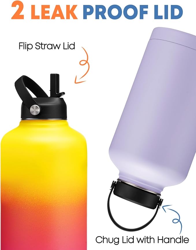 Stainless Steel 64 oz Water Bottle with Straw - Leakproof Insulated Flask for Hiking Camping Cycling