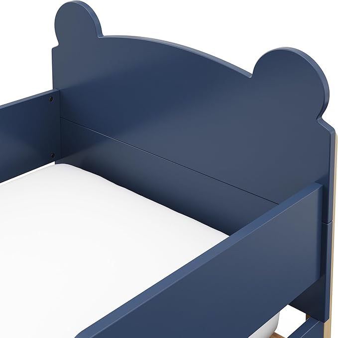 Storkcraft Teddy Bear Toddler Bed (Midnight Blue with Driftwood) - GREENGUARD Gold Certified, includes Toddler Safety Guardrails, Fits Standard Crib & Toddler Mattress, Stylish 2-Tone Design