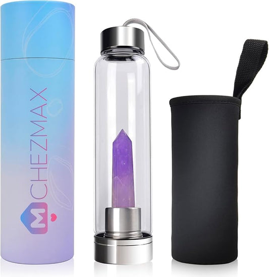 Crystal Water Bottle - Quartz Glass Water Bottle with Changeable Natural Crystal Center,Loose Natural Gem Leaf Tea Infuser Bottle, Gemstone Elixir Infused Glass Water Bottle with Sleeve Protective