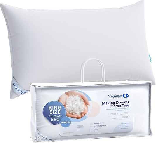 Continental Bedding Medium King Pack of 1 White Down Pillows 30 Ounce 550FP Hotel Down Pillows for Supporting Back Side and Stomach Sleepers