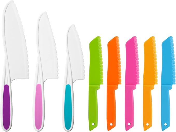 MOTYAWN 8 Pieces Kids Plastic Nylon Cooking Knife Set, Safe Knives for Bread Without BPA,Children's Safe Cooking Chef Nylon Knives for Cooking and Cutting Fruits, Veggies & Cake