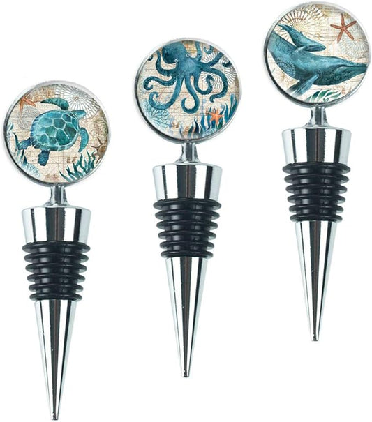 LIZIMANDU Wine Bottle Stoppers,Stainless Steel Wine Stoppers For Gifts, Bar, Holiday Party, Wedding (3 Pack, 3-Marine Animal)