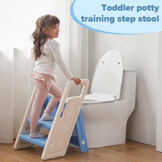 Folding Toddler Step Stool for Bathroom Sink,Adjustable 3 to 2 Step Stools for Toilet Potty Training,Sturdy Kids Step Stool for Kitchen Counter with Handle,Blue
