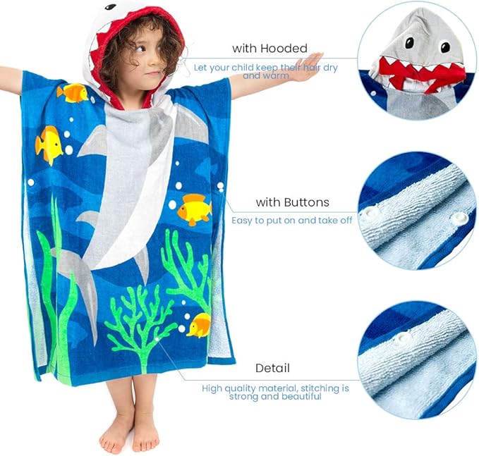 Toddler Hooded Beach Towel Coverup Cape Kids 100% Cotton Soft Quick Dry Absorbent Use for Swim Pool Bath Poncho Towels for 3 to 8 Years Old Children Size 24"x 55" in Full-Length (Brave Shark)