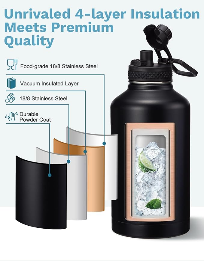 64 OZ Water Bottle Half-gallon Hydro Jug - w/Paracord Handle, Straw & Spout Lid, Carrying Pouch, 64oz Insulated Water Bottle Stainless Steel, Sports Flask Jug Triple-wall, Thermal Mug Hydro Canteen