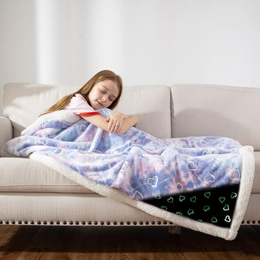 COSUSKET Glow in The Dark Blanket for Kids, Love Heart Luminous Birthday Super Soft Fuzzy Plush Sherpa Furry Fleece Multicolor Throw Blanket 50"x60" Boys Girls Gifts