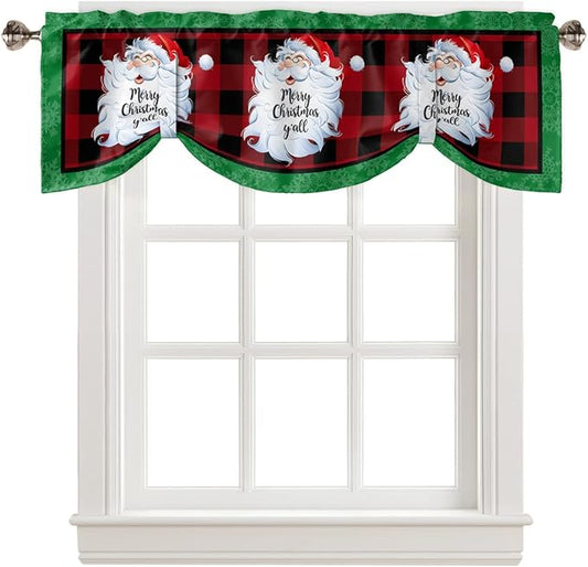 Merry Christmas Y'all Blackout Tie Up Valance Curtains for Kitchen Windows Xmas Santa Claus Window Toppers Balloon Shades for Living Room/Bathroom/Bedroom,1 Panel,42" X 12" Red Buffalo Plaid
