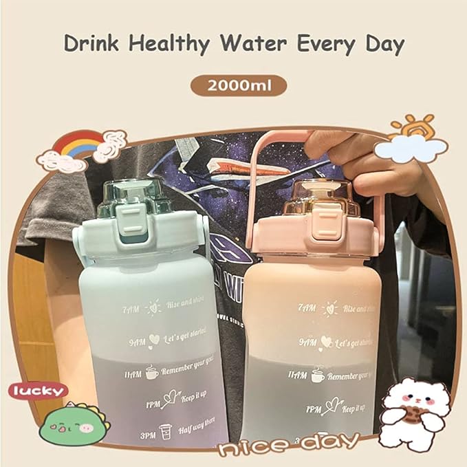 Sports Graduated Water Bottle 2000ml Simple Portable Thermo mug with Straw Lid, Perfect for Outdoor Travel or Gift for Your Family and Friends
