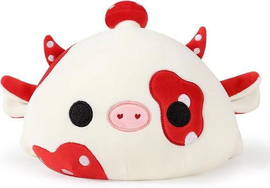 Onsoyours Cute Cow Plushie, Soft Stuffed Mushroom Cow Squishy Plush Animal Toy Pillow for Kids (Red Mushroom Cow, 12")