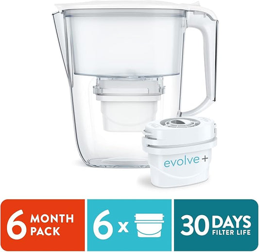 Aqua Optima 5-Cup Water Filter Pitcher Bundle Pack for Tap and Drinking Water with 6 Evolve+ Filter, Reduces Microplastics, Improves Taste, BPA Free, WQA Certified, Daisy Design (White)
