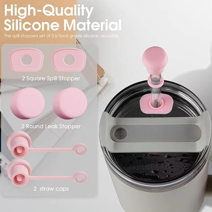 Silicone Spill Stopper Set of 3, Compatible with Stanley Cup 2.0 40oz/30oz, Proof Stopper For Stanley,Tumbler Accessorie, Including 2 Straw Cover Caps, 2 Square Spill Stoppers, Round Leak (pink)