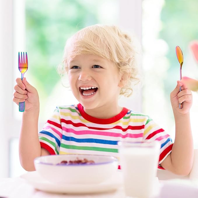 VITEVER 10 Pack Toddler Utensils, Stainless Steel Rainbow Silverware Set for Kids, Children Safe Cutlery Set Includes Forks and Spoons - Dishwasher Safe