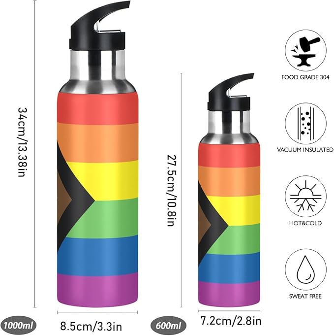 20oz Gay LGBT Progress Pride flag Sports Water Bottle,Double Wall Vacuum Insulated Stainless Steel Lesbian Water Bottle with Straw Keeps Hot& Cold, Bike Gym Travel Pride Day Month Gifts