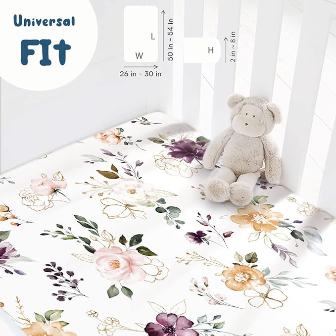 GRSSDER Stretchy Ultra Soft Jersey Knit Fitted Crib Sheets Set 2 Pack,Fits All Standard Crib Mattress Pads Safe and Snug, Pretty Purple Flora Botanical for Baby Girls
