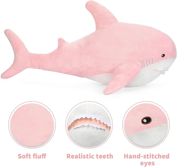 MorisMos Giant Shark Stuffed Animal, Chubby Shark Pillow Baby Shark Plush Toy Cute Stuffed Shark Plush Big Shark Plush Pillow for Kids, Pink, 51in