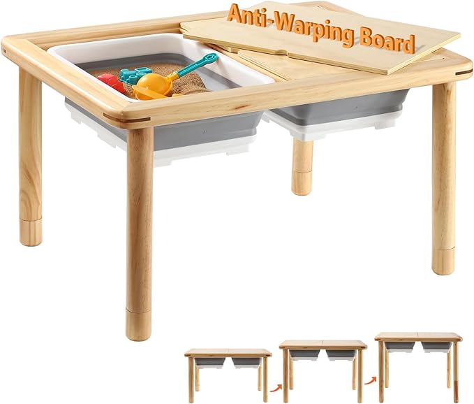 FUNLIO Wooden Sensory Table with 2 Bins for Toddlers 1-5, 3-Level Height Adjustable Kids Sensory Table with Anti-Warping Plywood Lid, Indoor/Outdoor Play Sand and Water Table, CPC Certified