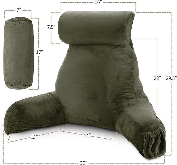 Nestl Reading Pillow Large Bed Pillow, Back Pillow for Sitting in Bed Shredded Memory Foam Chair Pillow, Reading & Bed Rest Pillows Olive Green Back Pillow for Bed, Bed Chair Arm Pillow with Pockets