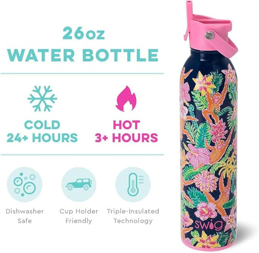 Swig Life 26oz Insulated Water Bottle with Straw & Flip + Sip Handle | Leak Proof, Dishwasher Safe, Cup Holder Friendly, Stainless Steel Water Bottle (Jungle Gym)