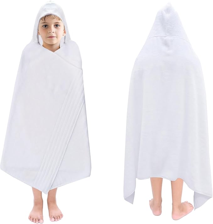 Hooded Bath Towel Wrap -Super Zero Twist 100% Cotton Large Oversized Hooded Kids Towel - Toddler Shower Pool Beach Towel - Super Soft Absorbent Quick Dry Easy Care Gift - 30 x 54 - White